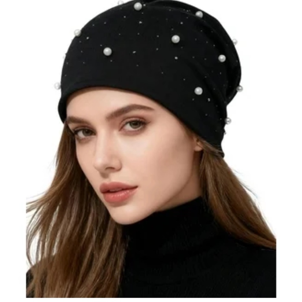 Jessica McClintock Black Beanie‎ with Pearls 
Rhinestone Beret Hat - Fashion...